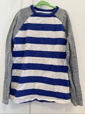 Boden navy and white striped sweater with gray trim and orange logo